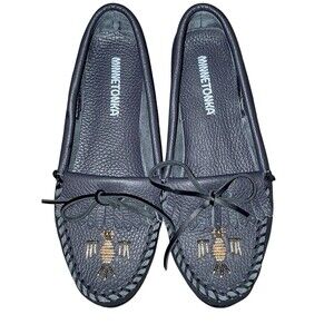 Vintage Minnetonka Black Leather Thunderbird Beaded Moccasins Women's Size 6.5